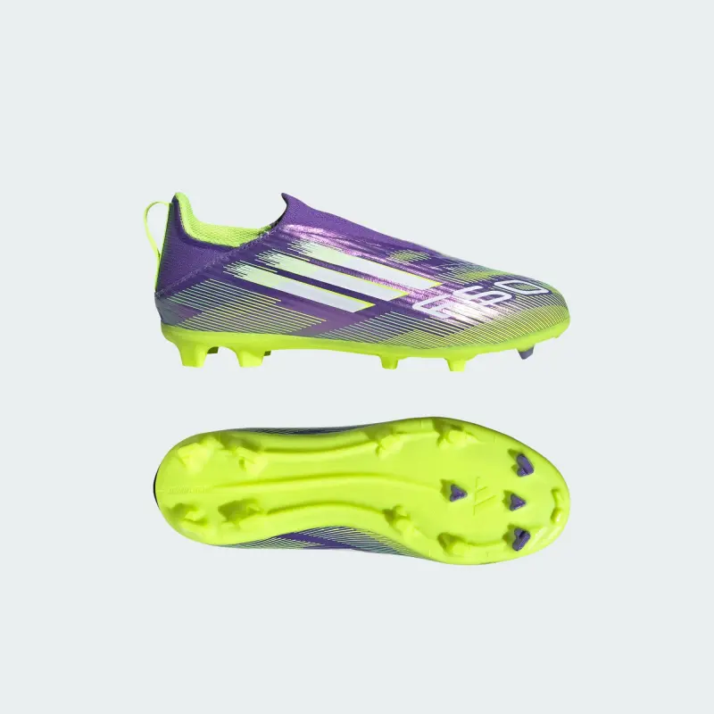 main product photograph of Adidas F50 League Laceless FG/MG Purple Rush Cloud White Lucid Lemon (GS)