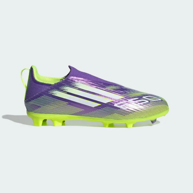 gallery image highlighting Adidas F50 League Laceless FG/MG Purple Rush Cloud White Lucid Lemon (GS)