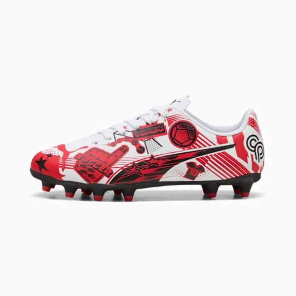 main product photograph of Puma Christian Pulisic x Ultra Legacy FG/AG Big Kid 'Allover Print White Red Black'